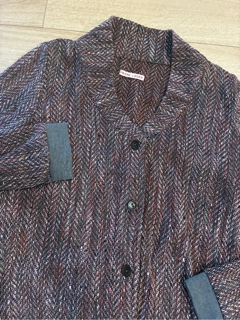 Frank Leder Pink Gray Wool Silk Blend Herringbone Shawl Collar Cardigan Size S